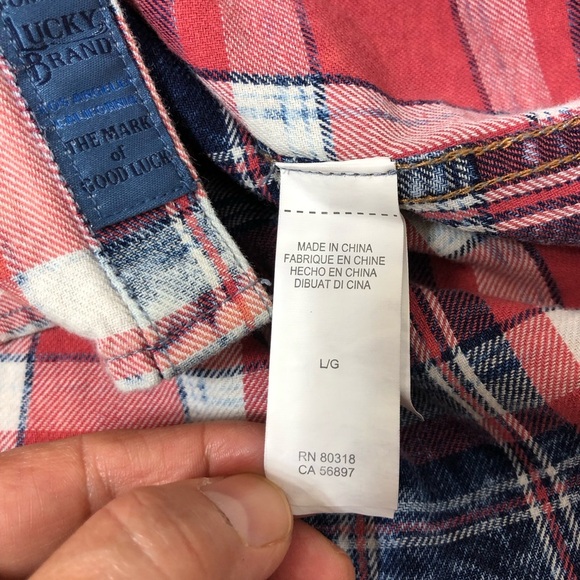 Lucky Brand Washed & Worn Cotton Red White Blue Pearl Snap Plaid Shirt L - Picture 11 of 15